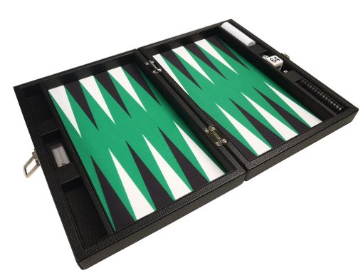 Tablero de backgammon premium de 13 pulgadas - Tamaño de viaje - Tablero negro, superficie de juego verde, puntos negros y blancos - Imagen 9