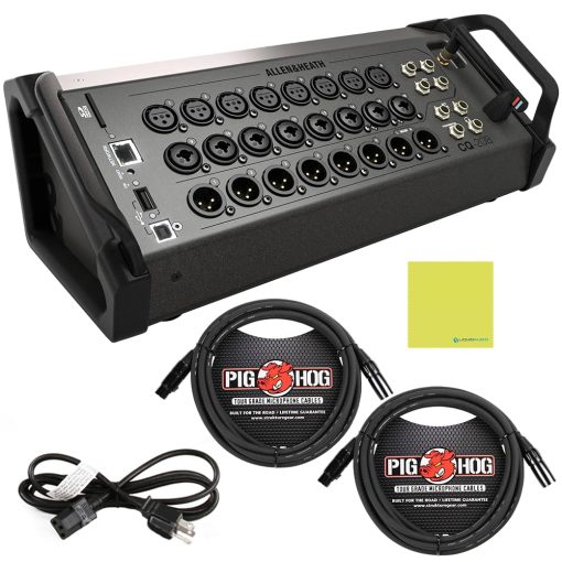 Mezclador digital Ultra-Compacto Allen & Heath AH-CQ20B de 20 entradas / 8 salidas con Paquete de 2 Cables de Microfono Pig Hog PHM15 Pig Hog 8mm, Cable de Alimentacion y Pano de Pulido de Audio Liquido