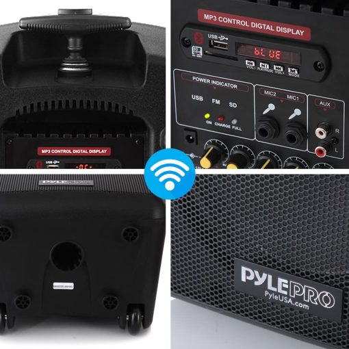 Sistema de Altavoz de PA Portatil Inalambrico Pyle - 360W Bluetooth Compatible Bateria Recargable Altavoz de Sonido para DJ al Aire Libre con Microfono Set con MP3 USB SD Radio FM RCA 1/4" Microfono en Ruedas PPHP8MBA.5 - Imagen 5