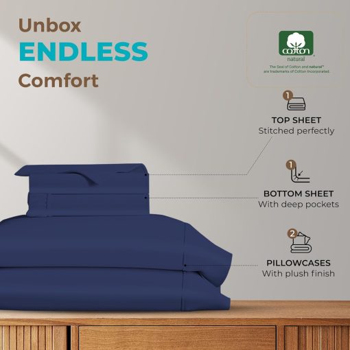Juego de sabanas de algodon egipcio 100% tamano Queen - Sabanas de lujo de 800 hilos, 4 piezas para cama Queen, bolsillo profundo de 16", suaves juegos de ropa de cama de saten, azul marino - Imagen 3