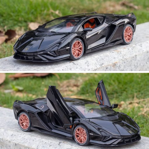 Carro de juguete Diecast 1/24 para ninos, Modelo de Coche Lambo Sian FKP 37 de Aleacion de Zinc con Luz y Sonido, Coche de Juguete de Vehiculos Retractiles para Ninos Ninas Regalo de Cumpleanos (Negro) - Imagen 2