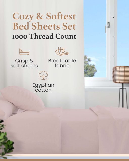 Juego de Sabanas Split King para Cama Ajustable de Algodon, Sabanas de Lujo, Sabanas de Algodon Egipcio de 1000 TC, Juego de Sabanas Split King de 5 Piezas 100% Algodon, Sabanas de Saten, 2 Ajustadas - Bolsillo Profundo de 16", Tono Rosa - Imagen 2