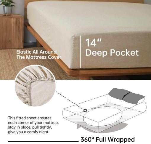 Juego de sabanas 100% lino Simple&Opulence con bordado lavado - 3 piezas (1 sabana plana y 1 sabana ajustable y 1 funda de almohada) Lino natural suave ropa de cama transpirable estilo de granja - Lino, Tamaño Individual - Imagen 4