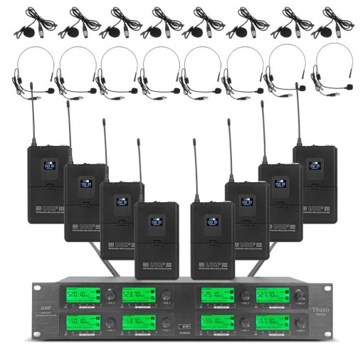 Sistema de Microfono Inalambrico UHF de 8 Canales con 8 Bodypacks de Lavalier y 8 Microfonos de Diadema para Sistema de Karaoke Iglesia Conferencia Boda Fiesta 3 Anos de Garantia