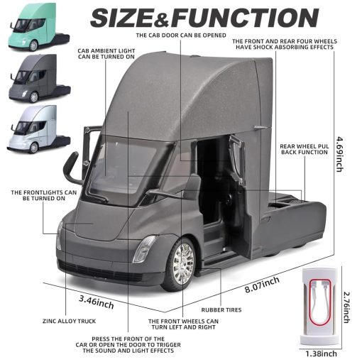 Camion de Juguete Modelo EROCK para Ninos, Camion Remolque de Metal Die-cast para Ninos/Jovenes con Luz/Sonido/Funcion de Retorno, Juguetes de Camiones para Ninos o Adultos Regalo (1:24 Camion Semi Gris) - Imagen 6