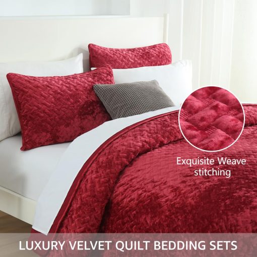 Juego de Edredon de Terciopelo Liians, Juego de Ropa de Cama de Lujo, Elegantes Ultra Suaves Edredones de Terciopelo, Mantas de Cubierta, Colcha de Costura Tejida para Todas las Estaciones, Rojo, Tamaño Queen - Imagen 3