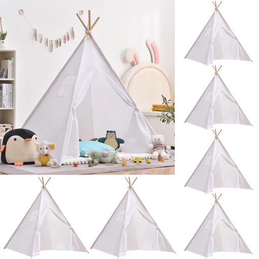 6 PCS Tienda de Campana para Ninos Teepee, Tienda Boho Lavable Plegable para Ninos, Casa de Juegos para Ninas y Ninos Fiesta de Pijamas Cumpleanos (Blanco)