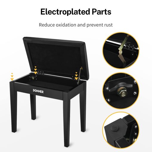 Banqueta de Piano Donner con Almacenamiento, Banco de Teclado de Madera Maciza Librero Banco de Piano Silla Taburete con Almohadilla de Esponjas de Alta Densidad, Negro - Imagen 3
