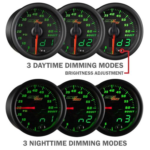 Kit de Medidor de Presion de Combustible MaxTow Double Vision 100 PSI - Incluye Sensor Electronico - Cara Negra - Dial Iluminado en LED Verde - Lecturas Analogicas y Digitales - para Camiones - 2-1/16" 52mm - Imagen 5