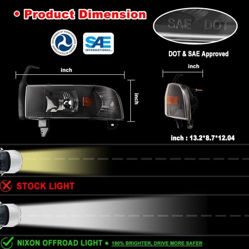 Faros Proyectores Nixon Offroad para Dodge Ram 1500 1994-2001 / Dodge Ram 2500 94-02 3500/ Dodge Ram 4000 1995-2002 (Todos sin Paquete Deportivo) Ensamblaje de Faros Alto y Bajo Lente Transparente - Imagen 6