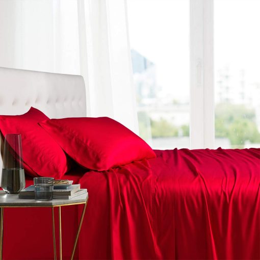 Juego de Sabanas de Bambu 100% Natural de Royal Hotel Bedding, Sabanas Suaves y Frescas, Sabana y Fundas de Almohada Transpirables, Set de 4 Piezas - Bolsillo Profundo de 15 Pulgadas - Tamaño King - Rojo - Imagen 2
