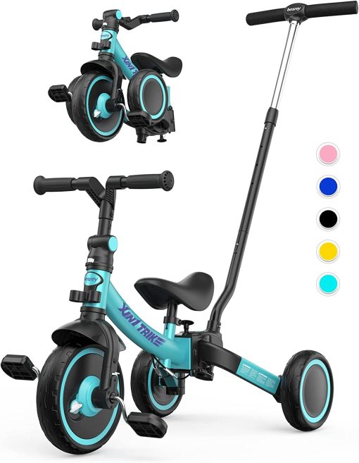 besrey Bicicleta 7-en-1 para niños con manillar de direccion de empuje para niñas y niños de 1 a 5 años, Triciclo plegable para niños, Triciclo para niños con pedales extraibles, Asiento ajustable en altura (Verde)
