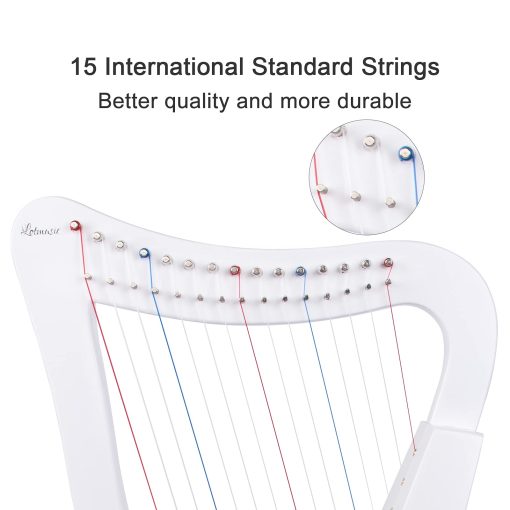 Arpa Lira, 15 cuerdas 22 pulgadas Instrumento Musical de Abedul Macizo Altura para Adultos Niños Principiantes con Llave de Afinacion Bolso Negro Correa (Blanco) - Imagen 3