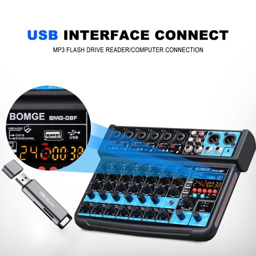 Mezclador de audio mini de 8 canales BOMGE con reproductor de MP3, Bluetooth, U disk, 48V, 24 efectos DSP, grabacion USB - Ideal para pequenos clubes o bares, grabacion de estudio (8 canales - NEGRO) - Imagen 5