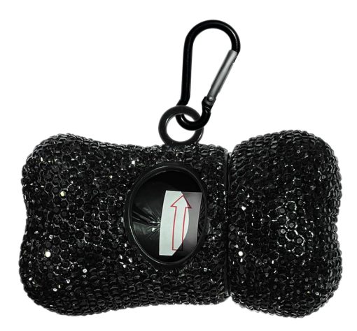 Porta Bolsas para Recoger Cacas de Perro con Brillantina - Dispensador de Bolsas para Mascotas con Mosqueton Metalico (Negro)