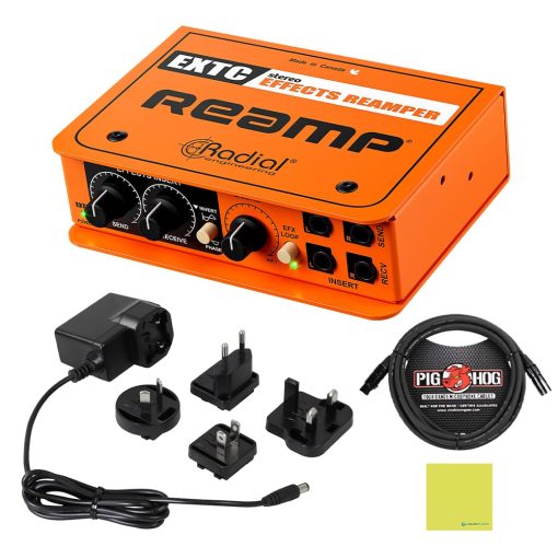 Paquete de Interfaz de Efectos Estereo y Reamper Radial Engineering EXTC con Cable de Microfono Pig Hog de 10 pies y Paño de Pulido de Instrumentos de Audio Liquido - Caja de Reamp