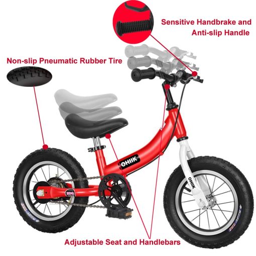 Bicicleta de Equilibrio OHIIK 2 en 1 para Ninos de 2 3 4 5 6 7 Anos, Bicicleta de Equilibrio a Pedales, Bicicleta de Ninos de 12 14 16 Pulgadas, con Kit de Pedales, Ruedas de Entrenamiento, Frenos (12 Pulgadas, Rojo) - Imagen 3