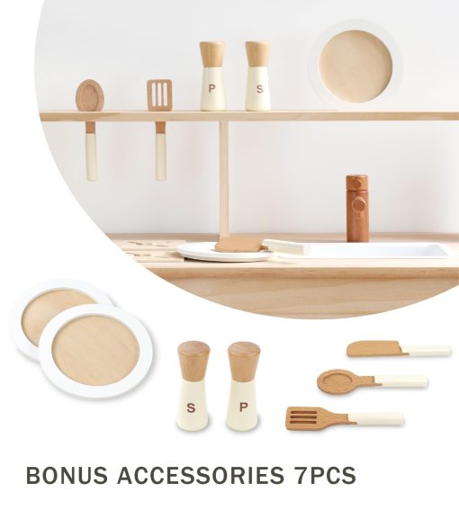 Set de Juego de Cocina de Madera PairPear para Niños, Cocinita de Juguete con Platos de Comida de Juego y Fregadero, Accesorios de Cocina de Juego para Niñas y Niños de 3+ Años - Imagen 5