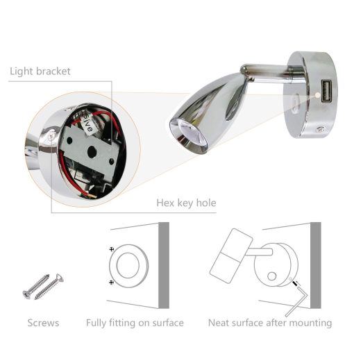 THALASSA 12V Foco USB de Lectura para RV - Interruptor tactil regulable con luz nocturna azul, acabado cromado pulido, montado en superficie en remolque caravana embarcacion interior como luz de noche para camas lampara de libro - Imagen 4