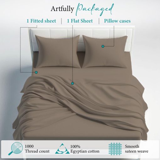 Juego de sabanas individuales Bunny's Home taupe de 1000 hilos de algodon egipcio de 4 piezas con bolsillo extra profundo de 17" - Juego de sabanas de lujo para cama individual de sateen - Imagen 6