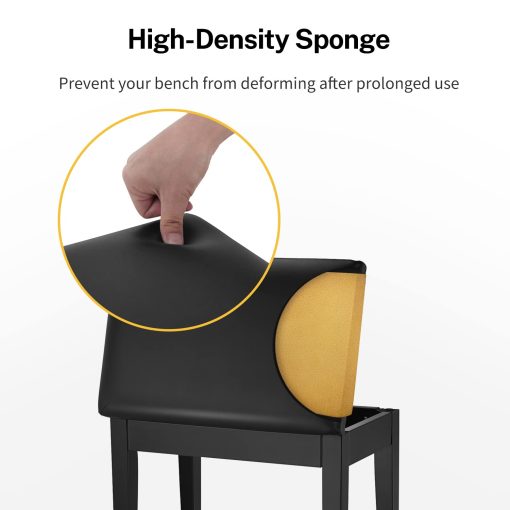 Banqueta de Piano Donner con Almacenamiento, Banco de Teclado de Madera Maciza Librero Banco de Piano Silla Taburete con Almohadilla de Esponjas de Alta Densidad, Negro - Imagen 6