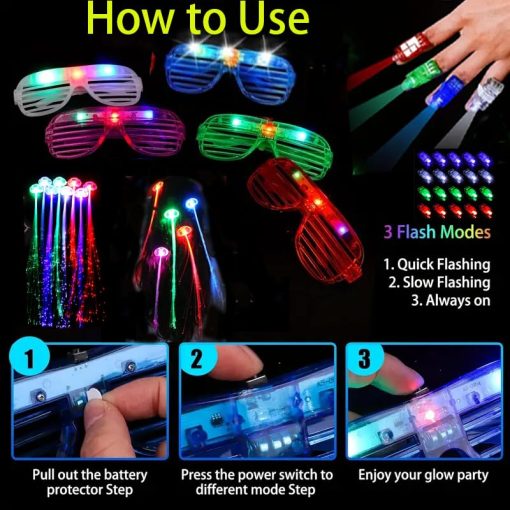 266 PCS Suministros de Fiesta que Brillan en la Oscuridad, 20 Palos de Espuma Luminosos, 10 Pinzas para el Cabello con LED, 5 Lentes con LED, 10 Coronas de Flores con Luces, 20 Dediles Luminosos, 1 Diadema de Orejas de Conejo, 200 Palos de Luz para Fiesta de Adultos que Brillan en la Oscuridad - Imagen 5