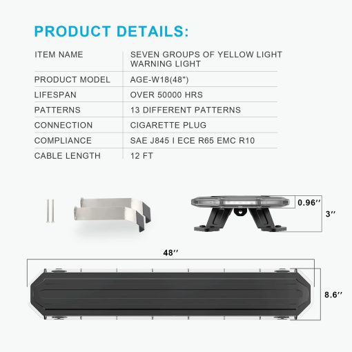 Barra de Luces de Emergencia LED ambar AgriEyes 48" de  altura, Super Delgada, con Montaje en el Techo para Camiones de Remolque, Vehiculos, Quitanieves, Gruas, Seguridad, Construccion - Imagen 6