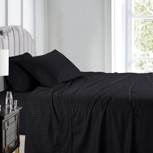 Juego de sabanas a rayas Royal Hotel - Top Split-Cal California King: Juego de sabanas ajustables para cama California King - Juego de sabanas de 4 piezas - 100% algodon - 600 hilos - Bolsillo profundo, California King dividido en la parte superior, Negro - Imagen 2