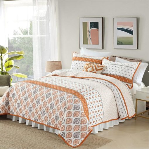 Juego de Edredon King Qiqiong, Floral 100% Algodon Juego de Ropa de Cama Edredon de Granja Tamano King Ligero Reversible Juego de Comforter para Cama King Colcha, 3 Piezas Naranja Blanco - Imagen 2