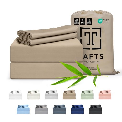 Juego de sabanas para cama individual Tafts 100% viscosa derivada de bambu, bolsillos profundos de 17 pulgadas, suaves, sedosas, frescas sabanas, doblemente cosidas, promesa de calidad de por vida (Beige)