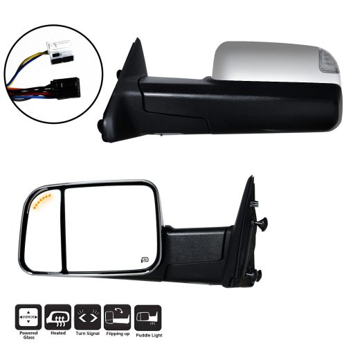 Espejo de remolque nuevo cromado con sensor de temperatura para Dodge Ram 2009-2010 1500, 2010-2015 2500 3500 Espejos de remolque con punto ciego con indicador de giro, luces de charco - Imagen 2