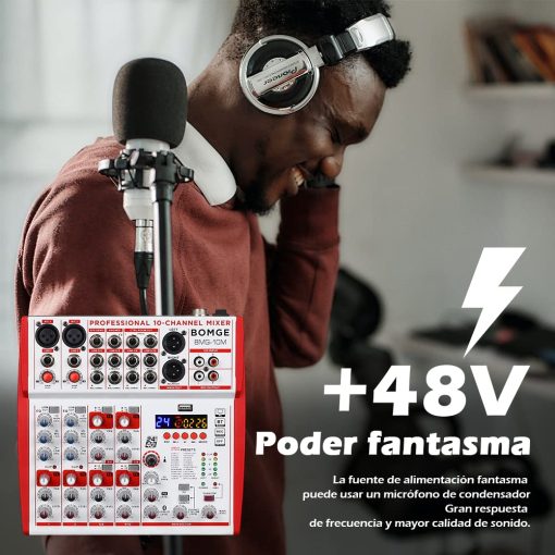 Mezcladora de sonido BOMGE de 10 entradas con preamplificadores de microfono y compresores, 24DSP, bluetooth, Alimentacion 48V, EQ britanico e Interfaz USB/Audio para grabacion, karaoke y podcast. (10M-10 Canales) - Imagen 5