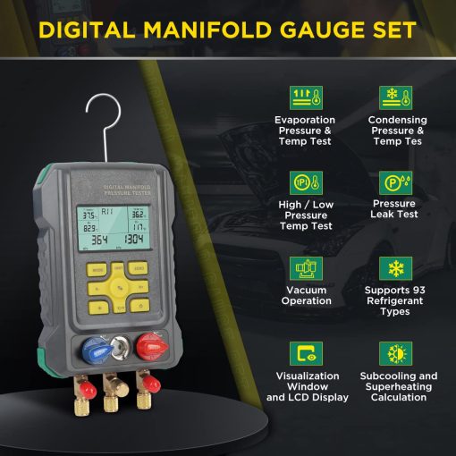 Juego de Manifolds Digitales para Aire Acondicionado CMTOOL para 93 Refrigerantes Juego de Manometros de Presion de Aire Acondicionado R134A R22 R12 R410A R1234YF Kit de Recarga de Refrigerante para Refrigeracion Digital - Imagen 2