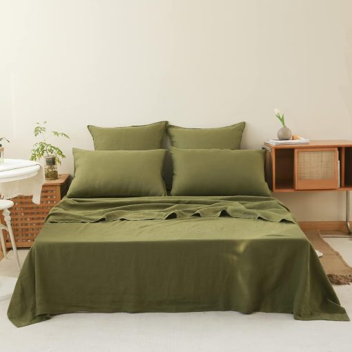 Juego de sabanas Simple&Opulence 100% Lino 4 piezas Estilo Basico, Bolsillo Profundo, Lino Frances Lavado Natural, Sabanas Transpirables Suaves - Verde Oliva, Queen - Imagen 7