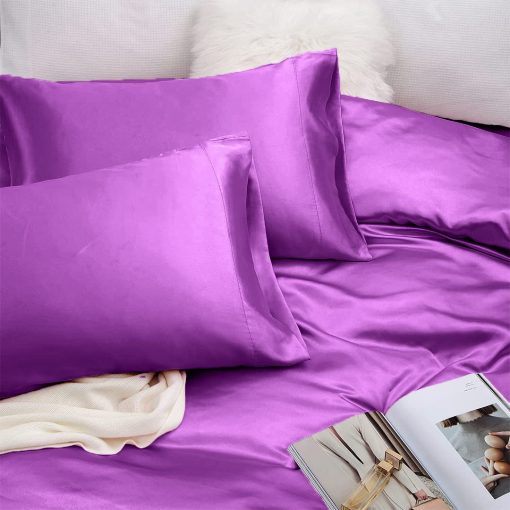 Juego de Sabanas de Seda Satinada Rico Bedding con Bolsillo Profundo de 19 Pulgadas - Juego de Sabanas de Lujo de Hotel - 6 Pc - Bolsillos Profundos - Transpirables y Refrescantes - Sin Arrugas - Comodas- Sabanas de Cama - (Tamano Queen Berenjena) - Imagen 3