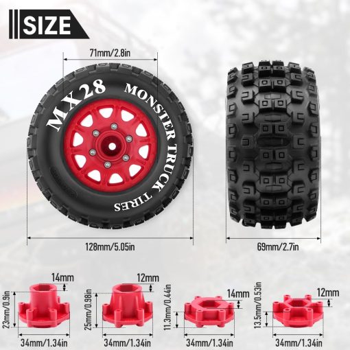 Neumaticos GLOBACT MX28 2.8" para Camiones RC a Escala 1/10 con Llantas con Hexagono de 12 mm y 14 mm Reemplazables para ARRMA Big Rock Granite VORTEKS 3S TRAXXAS Stampede Rustler (4PCS) - Imagen 4