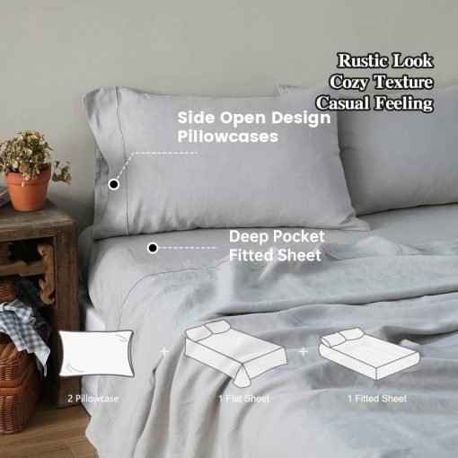 Juego de sabanas de lino Simple&Opulence 100% con bordado lavado - 4 piezas (1 sabana plana y 1 sabana ajustable y 2 fundas de almohada) natural lino suave ropa de cama transpirable acogedora de estilo campestre - Gris claro, tamano Queen - Imagen 5