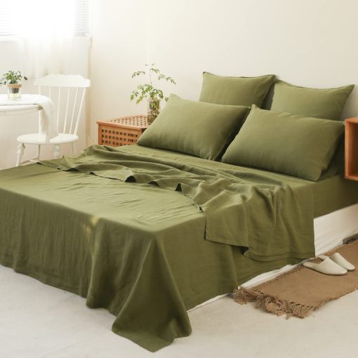 Juego de sabanas Simple&Opulence 100% Lino 4 piezas Estilo Basico, Bolsillo Profundo, Lino Frances Lavado Natural, Sabanas Transpirables Suaves - Verde Oliva, Queen