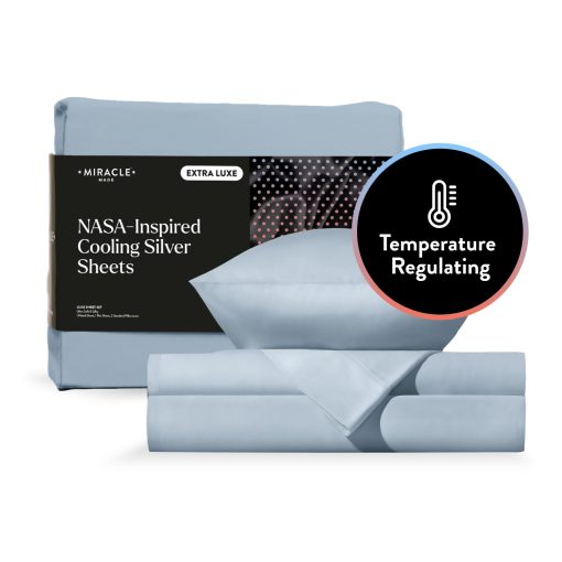 Juego de Sabanas Ajustables Extra Luxe Cool IT de Miracle Made - Azul Cielo 4 Piezas - Sabanas Infundidas de Plata - 300 Hilos - Sabanas Reguladoras de Temperatura