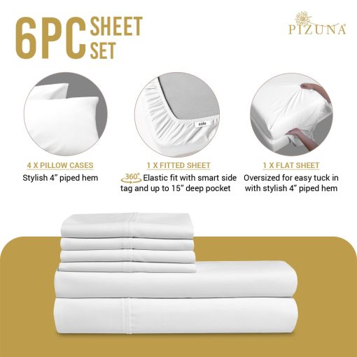 Juego de sabanas de cama 100% algodon Pizuna Pure tamano King Blanco, 800 hilos de algodon 100% largo de fibra sabana King con 2 almohadas adicionales de 15" de profundidad (Juego de sabanas de algodon peinado) - Imagen 5