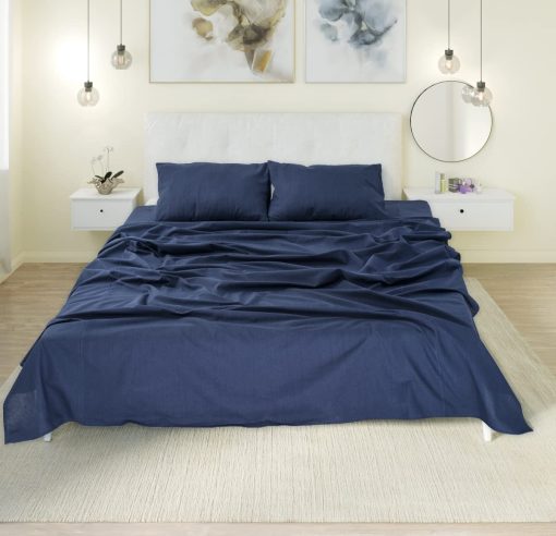 Juego de Sabanas y Fundas de Almohada de Lino Europeo WHOLEWOOLS - Juego de Sabanas de Sabana Bajera de Lino Natural - 4 Pzas Ultra Suaves (2 Fundas de Almohada, Sabana Ajustable y Sabana de Cama) (Completo, indigo) - Imagen 2