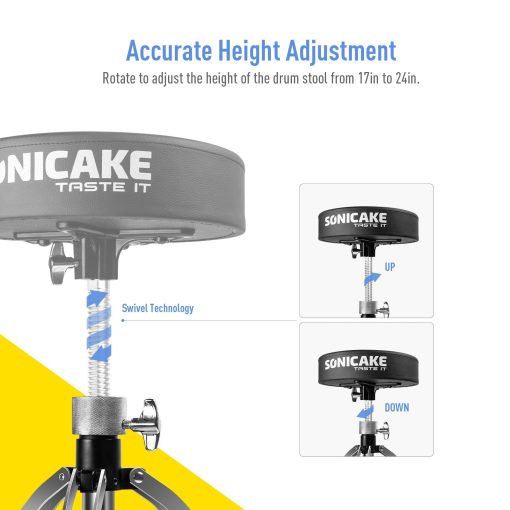 SONICAKE Banqueta de Bateria, Asiento de Bateria Resistente Actualizado, Taburete Ajustable en Altura con Piso Acolchado de Doble Reforzado, Silla Giratoria para Ninos y Adultos, Negro - Imagen 4
