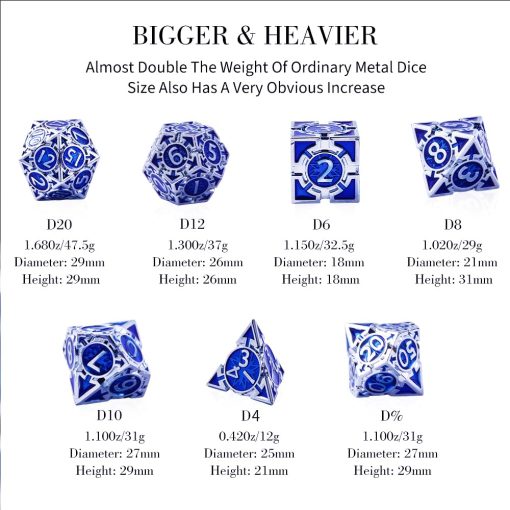 RULE DICE Conjunto de dados de metal para DND Dungeons and Dragons, D&D, Juego de roles de polihedros unico MTG con dados pesados de metal D&D en azul solido con caja de regalo de dados de DND D20 D4 D12 D10 D% D8 D6 - Imagen 6