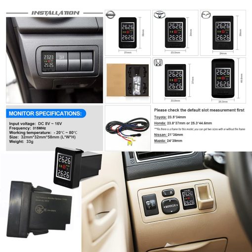Sistema de Monitor de Presion de Neumaticos TPMS U912 Monitoreo de Presion y Temperatura en Tiempo Real 4 Sensores RF Internos/Externos Ranura Predeterminada Bateria de 5 anos (Para Nissan, con 4 sensores internos/bateria reemplazable) - Imagen 2