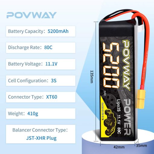 Bateria Lipo 3S 5200mAh 11.1V 80C con Conector XT60 para Coches RC, Camiones RC, Helicopteros, Aviones RC (Bateria X2) - Imagen 2