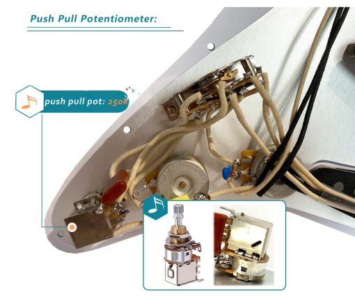 Pickguard precableado LAMSAM compatible con guitarras estilo Stratocaster de 11 hoyos, cargado con pastillas de bobina simple Alnico V, interruptor de 5 posiciones CTS Pots potenciometro de push pull, blanco - Imagen 5