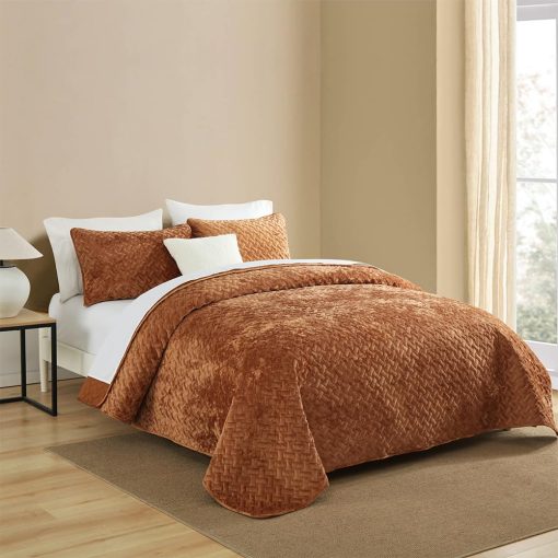 Juego de edredones de terciopelo Liians, juego de ropa de cama de lujo elegante, colchas de terciopelo ultra suave, mantas, patron de tejido de costura, colcha acolchada de algodon para todas las estaciones, color caramelo, tamano Queen - Imagen 2