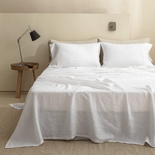 Juego de sabanas de lino Simple&Opulence 100% 4 piezas Estilo basico, Bolsillo profundo, Sabanas de cama de lino lavado frances solido suave y transpirable - Blanco, King