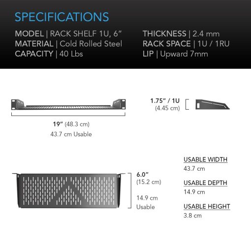 Bandeja Universal de Rack AC Infinity Vented Cantilever 1U, 6" de Profundidad, para Racks de Equipo de 19", de Acero Laminado en Frio de 2.4mm, Capacidad de 40 lbs - Imagen 6