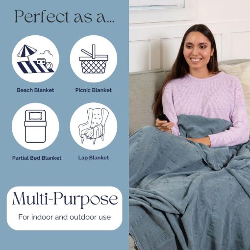 Manta de tiro grande turca lavada a la piedra InfuseZen - 100% algodon turco organico - 92" x 69" - Suave, ligera, acogedora - Sofa, cama, picnic, yoga - Manta de playa sin arena - Denim - Imagen 4